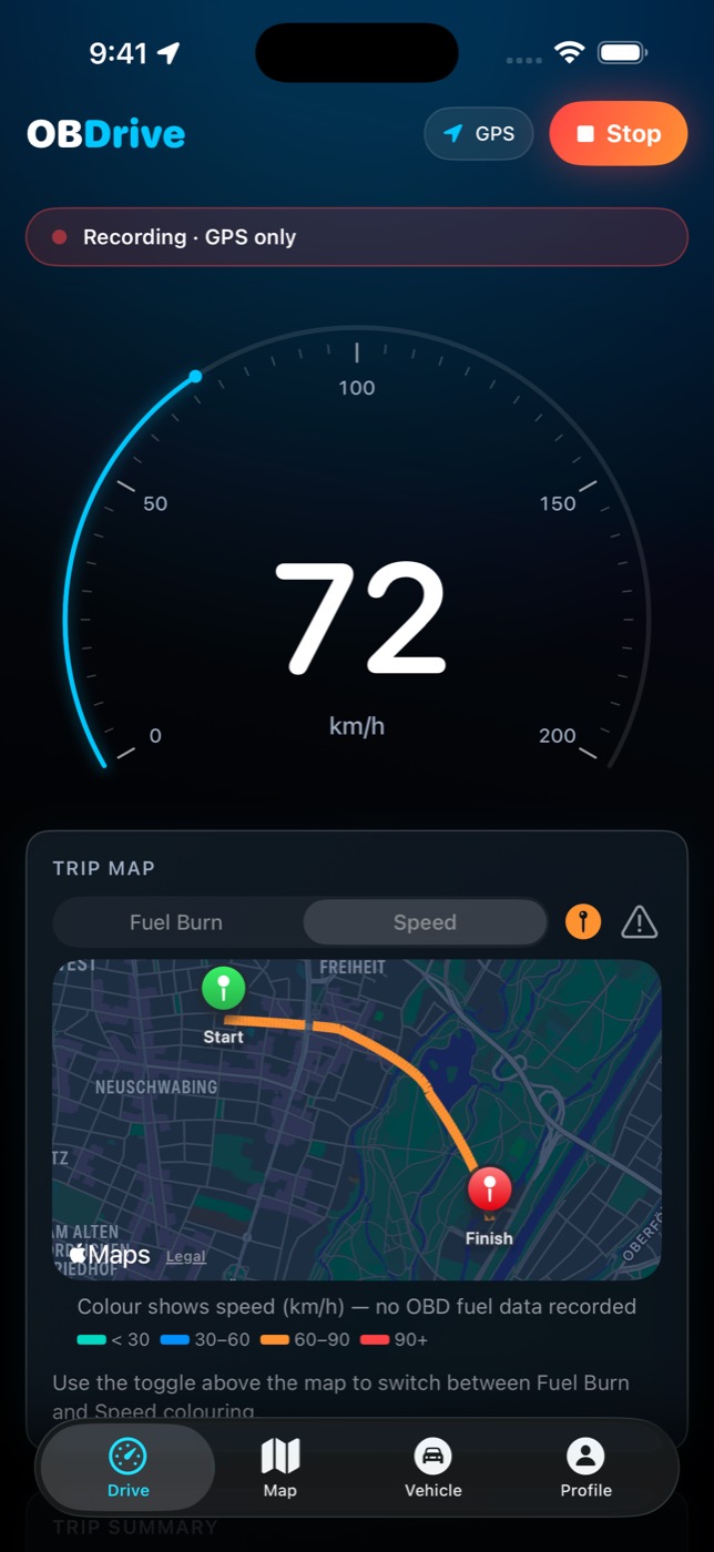 Drive screen with a speedometer reading 72 km/h above a trip map coloured by speed