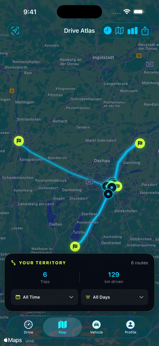 Drive Atlas drawing six recorded routes on one map with trip and distance totals