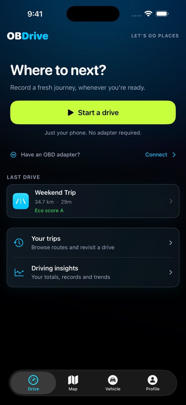 Drive tab with a Start a drive button, a note that no adapter is required, and the last drive below it